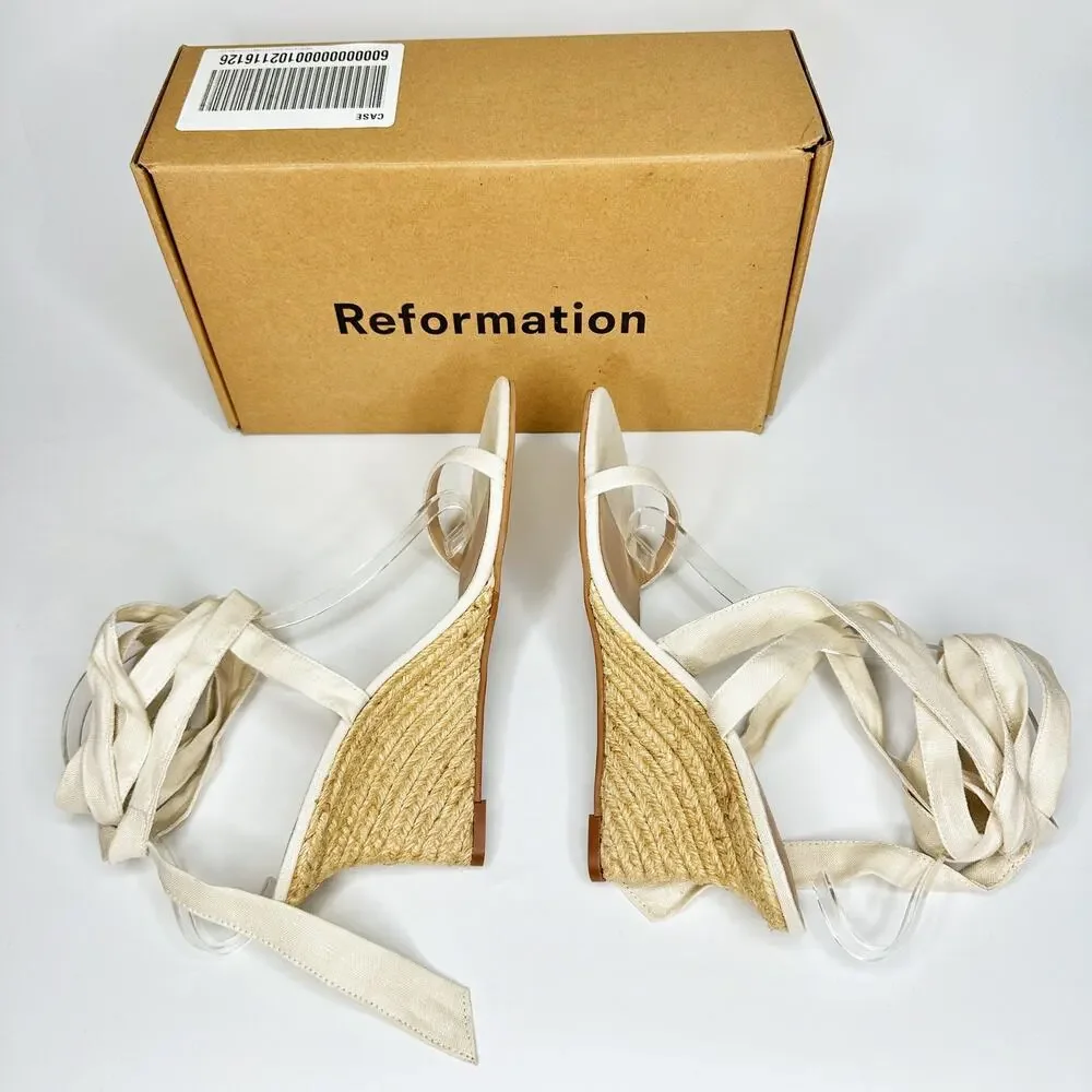 NWT Reformation Alessa Lace Up Cream Linen Wedge Espadrilles Shoes Size 9